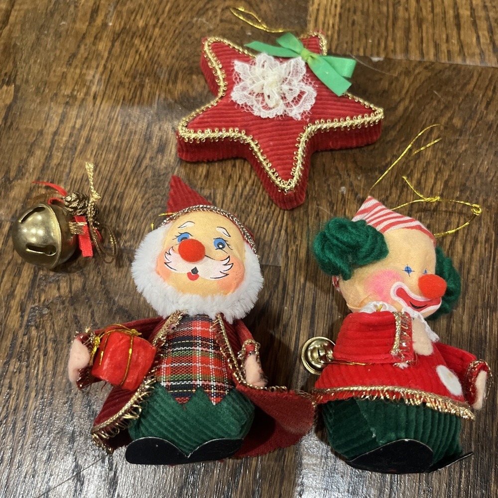 Vintage 1970s Kitschy Santa Clown Ornament Set Made in Taiwan Stockinette Plaid